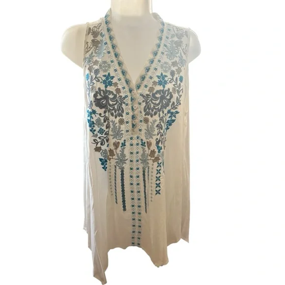 Andree by Unit Boho Embroidered Sleeveless Blouse Ivory Blue Size Small - Picture 1 of 5